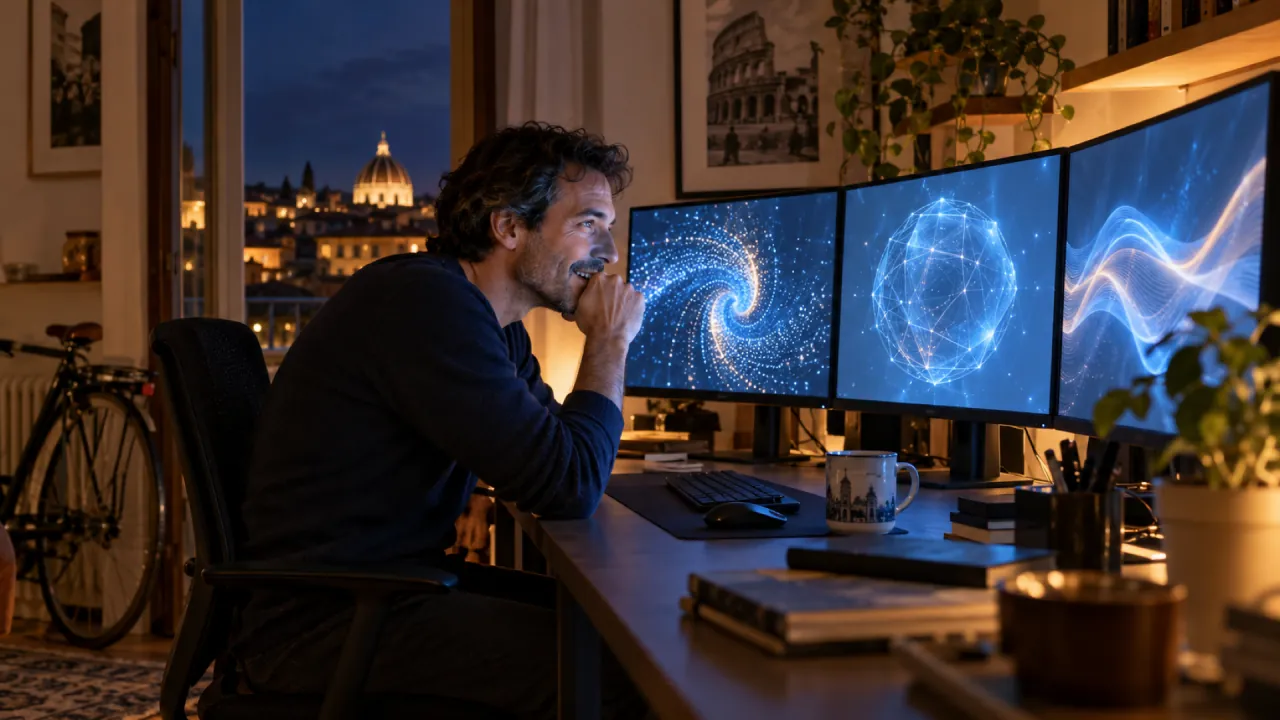 Uomo di notte alla scrivania di casa davanti a tre schermi accesi con visualizzazioni luminose di intelligenza artificiale