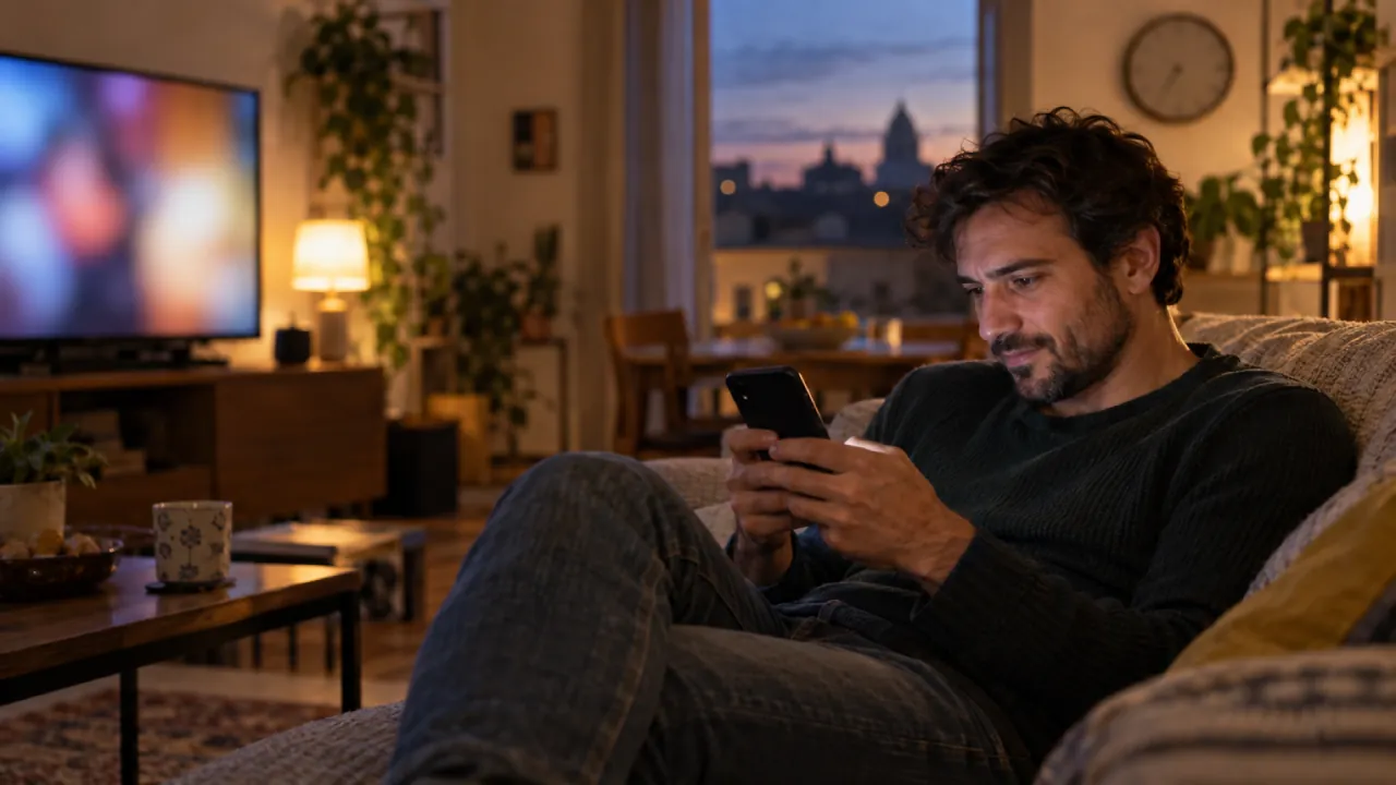 Uomo rilassato sul divano con lo smartphone in mano, la televisione accesa accanto a lui e la citta al tramonto fuori dalla finestra