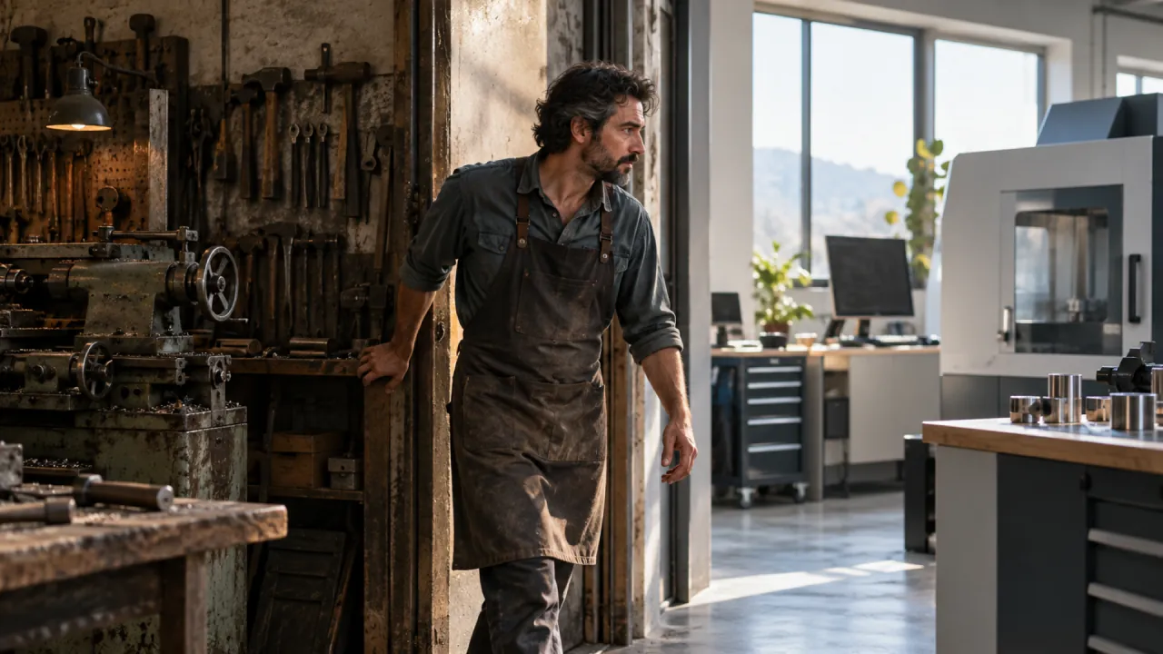 Uomo in tuta da lavoro sulla soglia fra una vecchia officina di utensili arrugginiti e un laboratorio moderno e luminoso