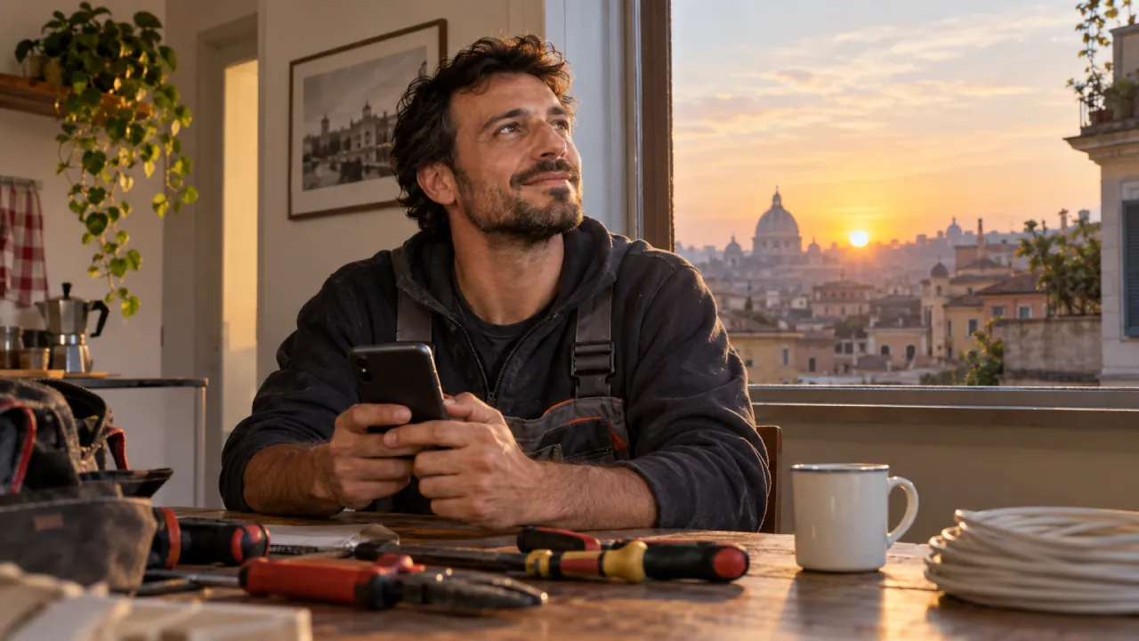 Uomo in tuta da elettricista al tavolo di casa, smartphone in mano, guarda fuori dalla finestra l'alba sulla citta
